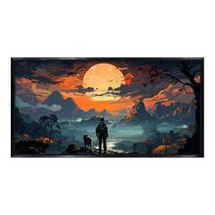 Premium Epic Fantasy Landscape Wall Art | Traveler and Dog at Sunset Full Moon Canvas Print