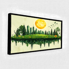 Premium Green Cityscape Reflection Canvas Art | Nature and Urban Blend Painting