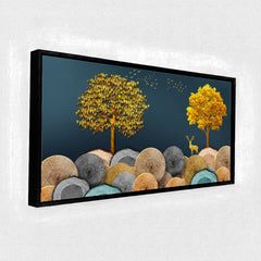 Premium Luxury Golden Tree Deer Wall Art Print | Modern Abstract Log Texture Landscape Canvas