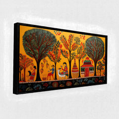 Premium Madhubani Village Life Wall Art | Traditional Mithila Folk Canvas Print for Home Decor