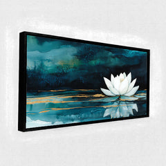 Premium White Lotus Flower Canvas Art | Deep Teal and Gold Abstract Painting