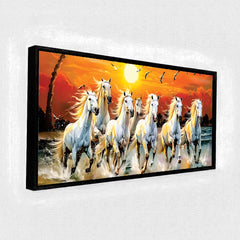 Premium 7 Running Horses at Sunrise Vastu Canvas Wall Painting with Floating Frame