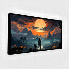 Premium Epic Fantasy Landscape Wall Art | Traveler and Dog at Sunset Full Moon Canvas Print