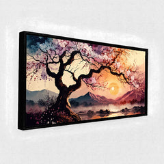 Premium Cherry Blossom Tree Sunset Canvas Art | Tranquil Asian Landscape Painting
