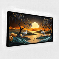 Golden Moonrise & Twin Cranes: High-Contrast Oriental Landscape – Premium Wall Decor
