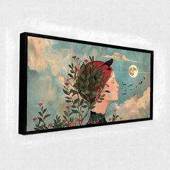 Premium Dreamy Woman Portrait Canvas Art | Full Moon and Birds Wall Decor