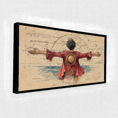 Straw Hat Pirate Epic Pose Wall Art | Vintage Chart Nautical Anime Illustration| Pirate Figure on Compass Chart Background