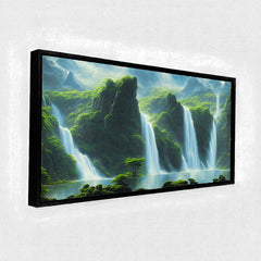 Premium Majestic Triple Waterfall Canvas Art | Lush Green Valley Landscape Painting
