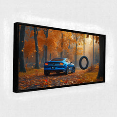 Premium Blue Sports Car Autumn Forest Canvas Painting - Nature & Car Wall Art for Living Room