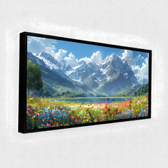 Premium Mountain Landscape Canvas Art | Wildflower Meadow and Lake Painting