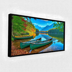 Peaceful Mountain Lake Landscape Wall Painting - Vibrant Teal Canoes & Autumn Forest Scenery