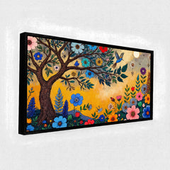 premium Whimsical Flower Garden Canvas Art | Vibrant Folk Art Tree Painting