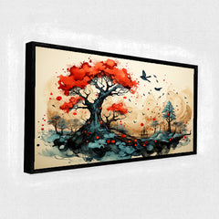 Premium Asian Ink Wash Style Art | Vibrant Red Tree and Black Frame Canvas