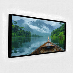 Premium Wooden Boat in Misty Mountain Lake Canvas Painting - Nature Wall Art for Living Room
