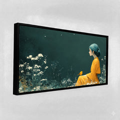 Premium Ethereal Girl and Bird Canvas Art | Dark Green Floral Portrait Painting