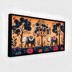 Premium Mithila Abstract Elephant & Floral Tree Canvas Print | Traditional Madhubani Style Wall Art