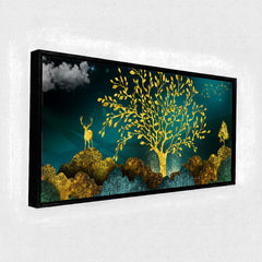 Premium Luxury Gilded Golden Tree and Stag Abstract Wall Art | Dark Teal Textured Landscape Canvas