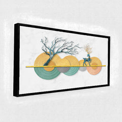 Premium Modern Geometric Deer and Tree Canvas Art | Abstract Textured Discs Gold Marble Background Print