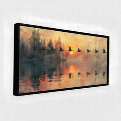 Premium Geese Flying at Sunset Canvas Art | Tranquil Lake Reflection Painting