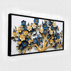 Premium Golden and Blue Floral Tree Canvas Painting - 3D Style Wall Art  for Living Room