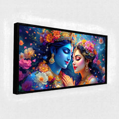 Celestial Radha Krishna: Cosmic Love & Floral Galaxy Art – Modern Spiritual Wall Decor