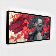 Dragon Queen on Iron Throne Fantasy Canvas Art | Dramatic Red Dragon Fire Pop Culture Print