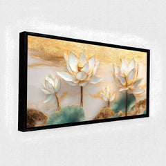 Premium 3D White Lotus Flower Wall Art | Gold Accented Floral Canvas Print