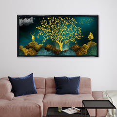 Premium Luxury Gilded Golden Tree and Stag Abstract Wall Art | Dark Teal Textured Landscape Canvas