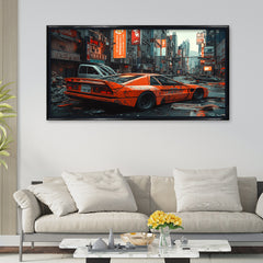 Premium Cyberpunk Orange Sports Car Canvas Painting - Futuristic Wall Art  for Office & Room Décor