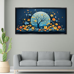 Premium Night Flower Tree Canvas Art | Blue and Orange Floral Moon Print