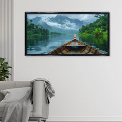 Premium Wooden Boat in Misty Mountain Lake Canvas Painting - Nature Wall Art for Living Room