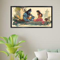 Lord Shiva and Parvati Dialogue Canvas Art | Soft Watercolor Divine Couple Spiritual Print