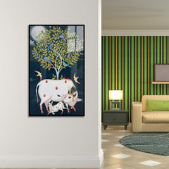 Kamdhenu Cow and Calf Acrylic Glass Painting