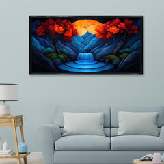 Crimson Tree & Indigo Mountain: High-Contrast Abstract Landscape – Premium Modern Wall Decor