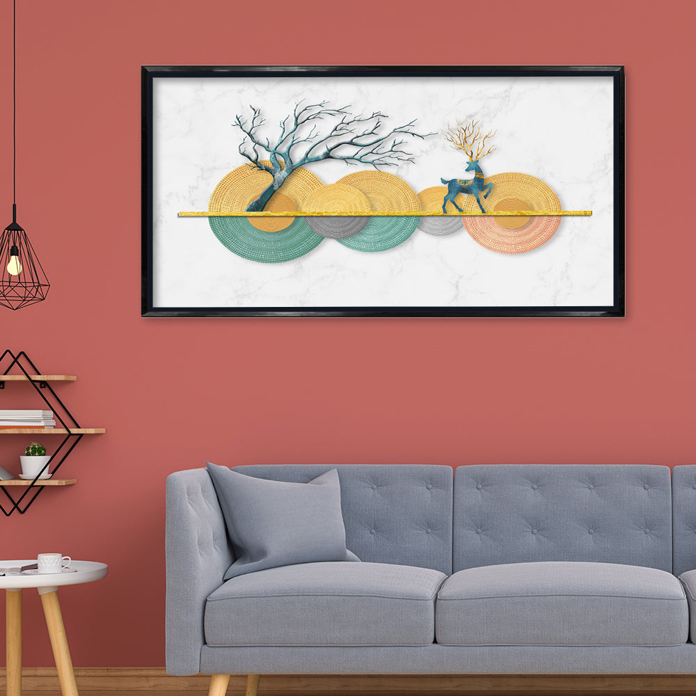Premium Modern Geometric Deer and Tree Canvas Art | Abstract Textured Discs Gold Marble Background Print