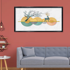 Premium Modern Geometric Deer and Tree Canvas Art | Abstract Textured Discs Gold Marble Background Print