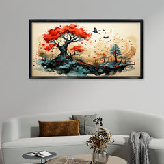 Premium Asian Ink Wash Style Art | Vibrant Red Tree and Black Frame Canvas