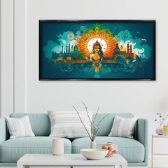 Premium Ornate Indian Goddess and Mandala Skyline Canvas | Vibrant Teal and Orange Cultural Art Print