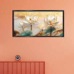 Premium 3D White Lotus Flower Wall Art | Gold Accented Floral Canvas Print