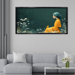 Premium Ethereal Girl and Bird Canvas Art | Dark Green Floral Portrait Painting