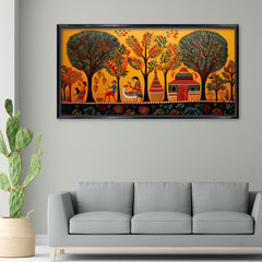 Premium Madhubani Village Life Wall Art | Traditional Mithila Folk Canvas Print for Home Decor