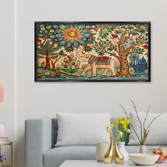 Premium Mithila Art Elephant & Tree of Life Painting | Traditional Madhubani Style Canvas Print for Wall Decor
