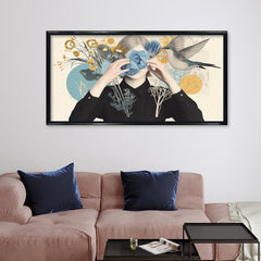 Premium Surreal Woman and Flower Canvas Art | Hummingbird and Botanical Collage Print