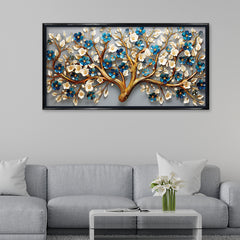 Premium Golden Floral Tree Canvas Painting -3D-Style Blossoms Wall Art for Living Room Décor