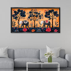 Premium Mithila Abstract Elephant & Floral Tree Canvas Print | Traditional Madhubani Style Wall Art