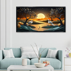 Golden Moonrise & Twin Cranes: High-Contrast Oriental Landscape – Premium Wall Decor