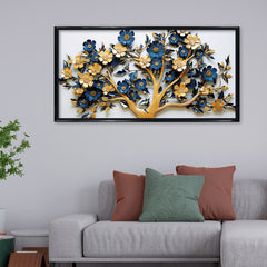 Premium Golden and Blue Floral Tree Canvas Painting - 3D Style Wall Art  for Living Room