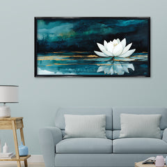 Premium White Lotus Flower Canvas Art | Deep Teal and Gold Abstract Painting