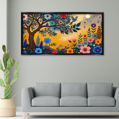premium Whimsical Flower Garden Canvas Art | Vibrant Folk Art Tree Painting