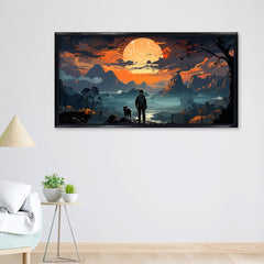 Premium Epic Fantasy Landscape Wall Art | Traveler and Dog at Sunset Full Moon Canvas Print